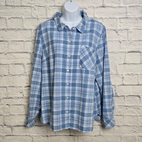 Tommy Hilfiger Shirt Womens Size XL Roll Tab Sleeves Blue Plaid Button Down - Picture 1 of 16
